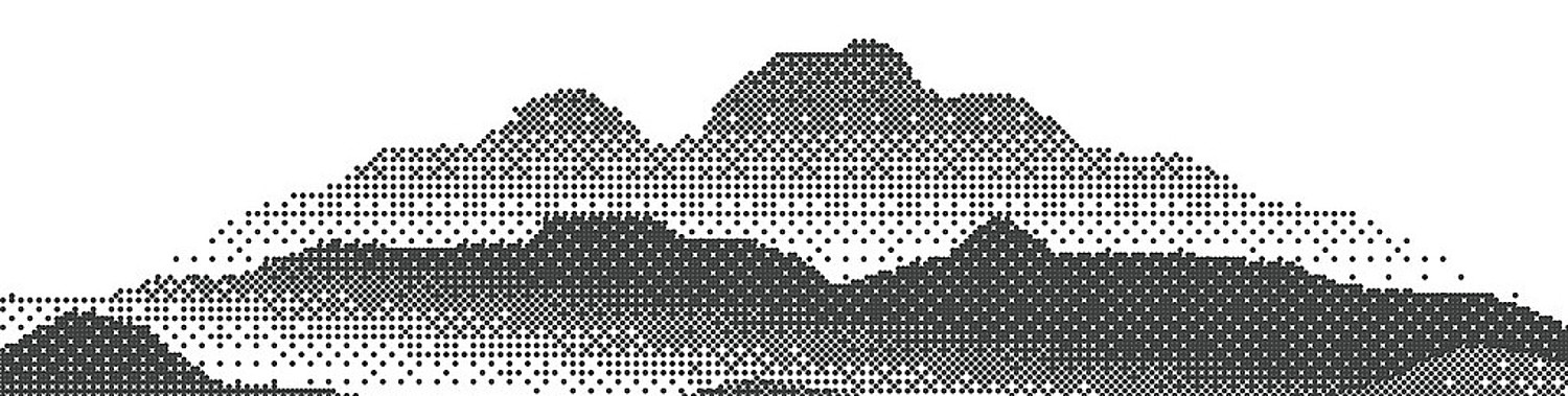 Eine gepixelte Landschaft mit Bergen in schwarz weiß